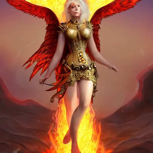 Image similar to pretty blond steampunk seraphim surrounded by lava, 8 k, shallow depth of field, 8 k, ultra high detail, concept art,