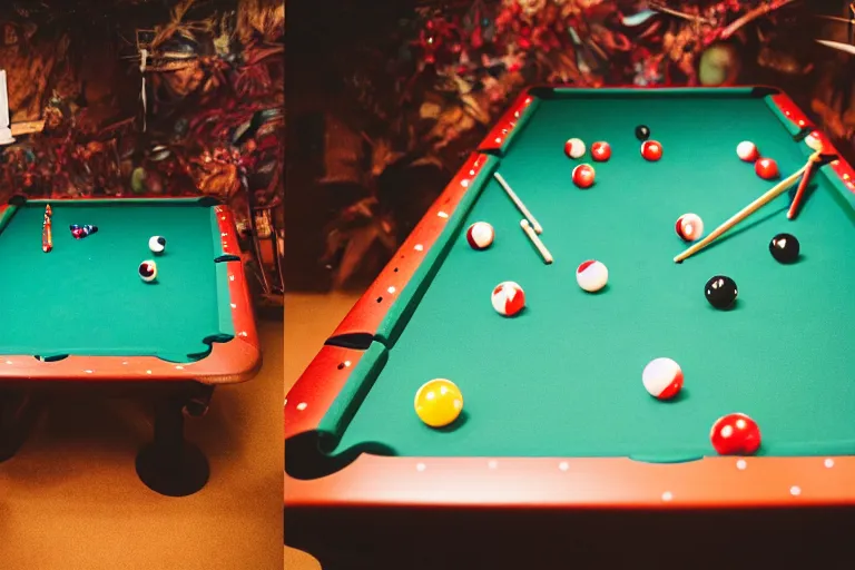 Prompt: fisher price pool table snowy jungle, studio photography 85mm