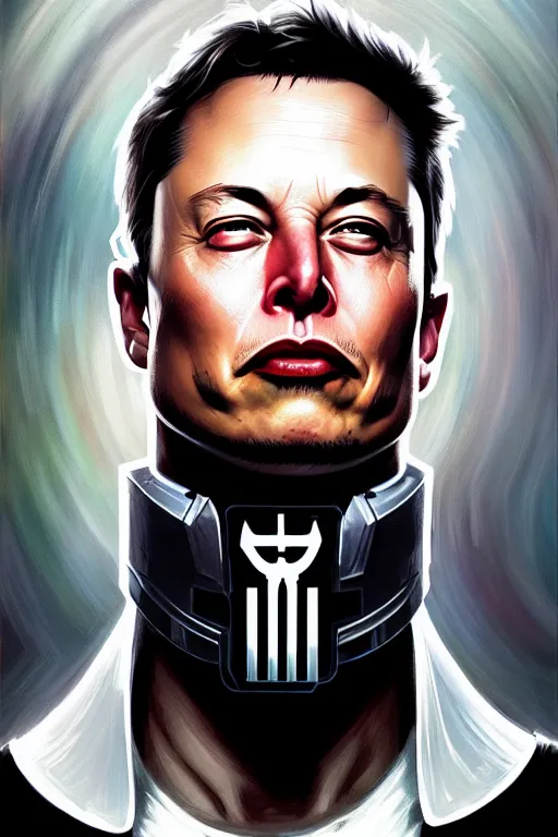 Image similar to elon musk as punisher, realistic portrait, symmetrical, highly detailed, digital painting, artstation, concept art, smooth, sharp focus, illustration, cinematic lighting, art by artgerm and greg rutkowski and alphonse mucha