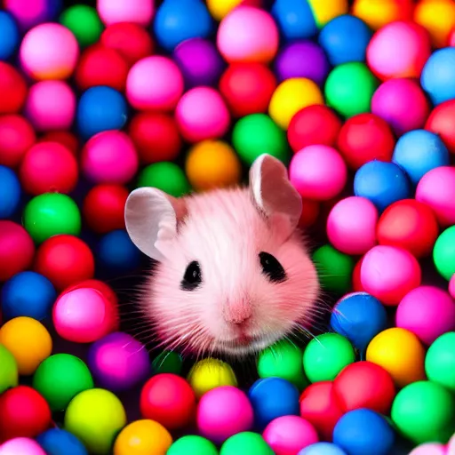 Prompt: pink hamster having fun in colorful balls, realistic photography, warm colours, marc caro and jean - pierre style, high quality image, 4 k, hyper detailed