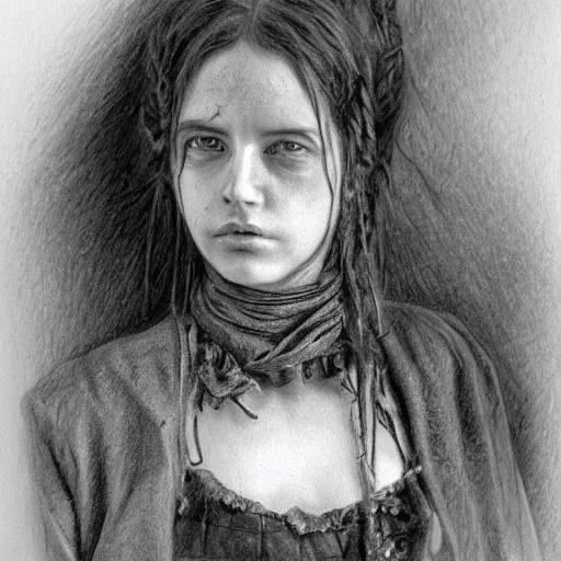Prompt: a pencil drawing portrait of dirty poor sad victorian girl, dressed in rags, ultra realistic, concept art, detailed