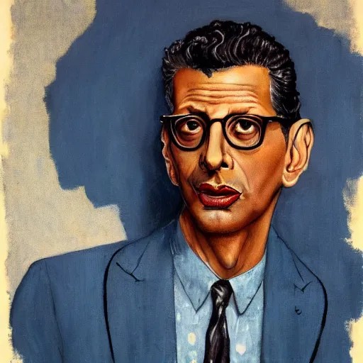 Prompt: norman rockwell painting of jeff goldblum, closeup face.