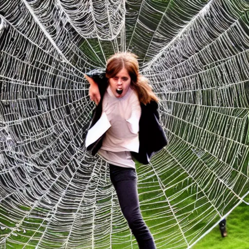 Prompt: upset emma watson hanging from and trapped in a giant spider web