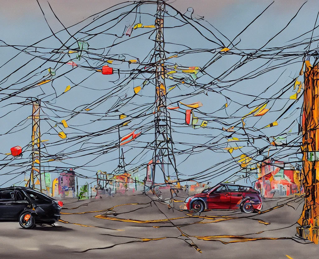 Image similar to a surreal painting of a frightened car being menaced by high - tension wires, saturated color scheme