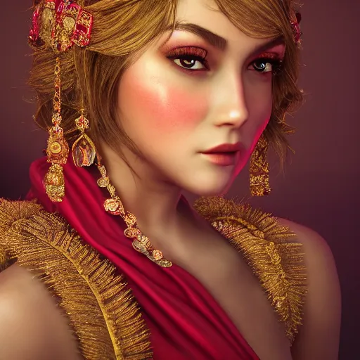 Image similar to portrait of beatiful princess of ruby with fair skin, adorned with jewels, ornate 8 k gorgeous intricate detailed, accent lighting, dramatic light, octane render