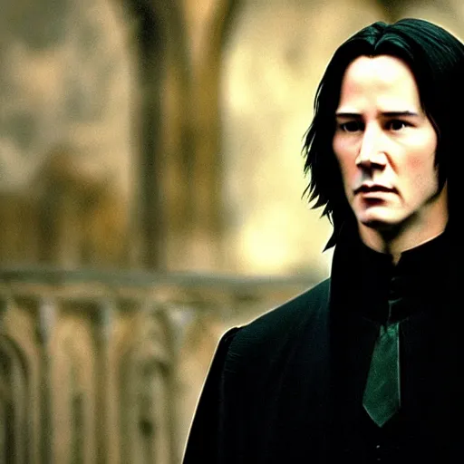 Image similar to Film Still of a Young Keanu Reeves playing a Young Severus Snape in Harry Potter, Film Still, realistic, hyperrealistic, very realistic, very very realistic, highly detailed, very detailed, extremely detailed, detailed, detailed face, very detailed face, very detailed face, realism, HD Quality, 8k resolution, intricate details, body and head in frame, Real Life