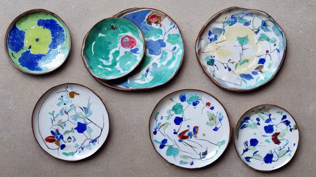 Prompt: plates with vitreous enamel artwork