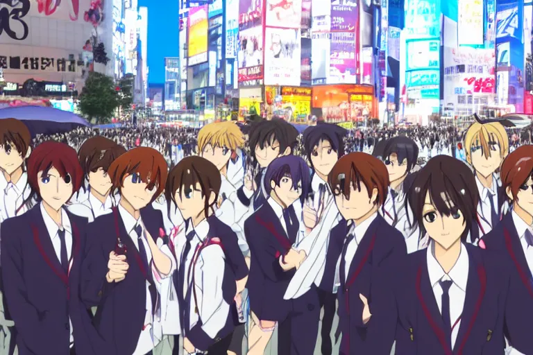 Image similar to ouran highschool host club at shibuya crossing, red weapon 8 k s 3 5, cooke anamorphic / i lenses, highly detailed, cinematic lighting