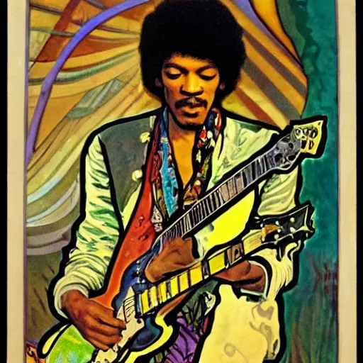 Prompt: Jimy Hendrix playing electric guitar by Alfons Mucha, masterpiece