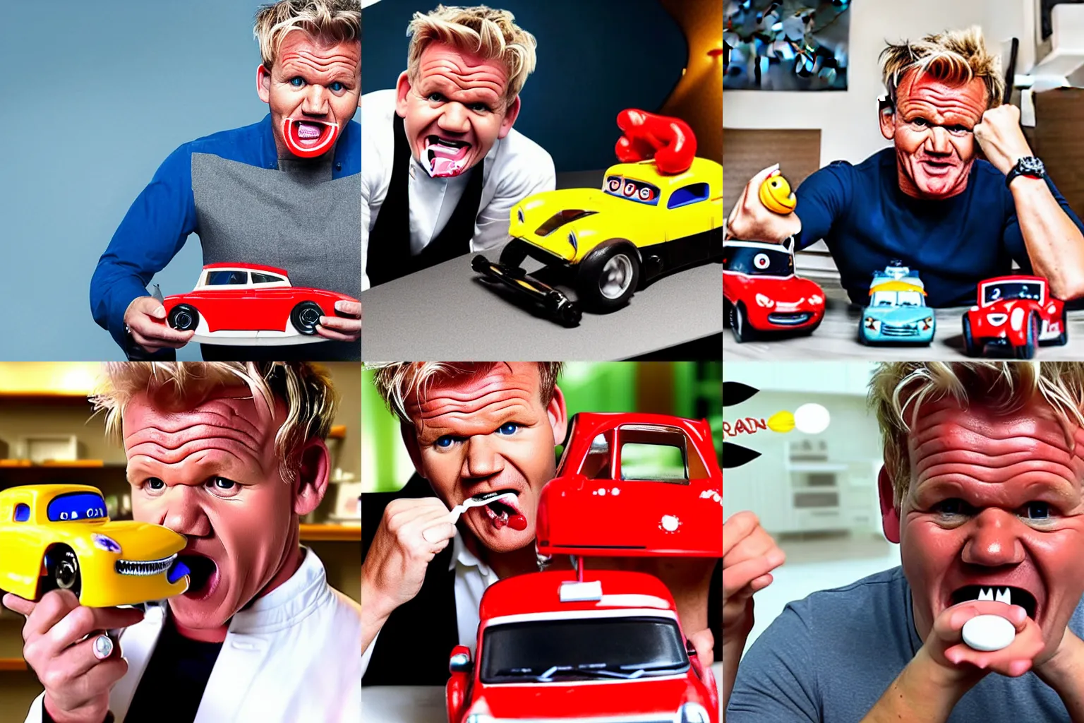 Prompt: gordon ramsay putting toy cars into his own mouth