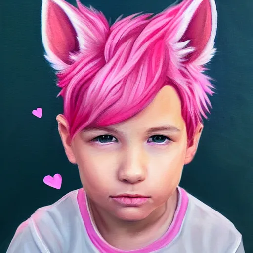 Prompt: a painting of a cute boy with pink hair and pink wolf ears, artstation, artistic, highly detailed