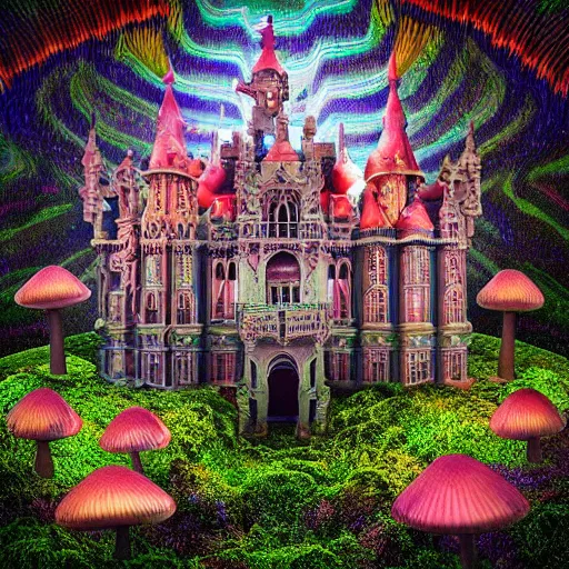 Prompt: “Moulded transilvanian castle in a valley of psychedelic mushrooms, Photography, Shot on 70mm, Super-Resolution Microscopy, Exposure, Megapixel, Evil, Nano, Moss, Tremella-Fuciformis, Ray Tracing Reflections, Ray Traced, insanely detailed and intricate, hypermaximalist, elegant, ornate, hyper realistic, super detailed”