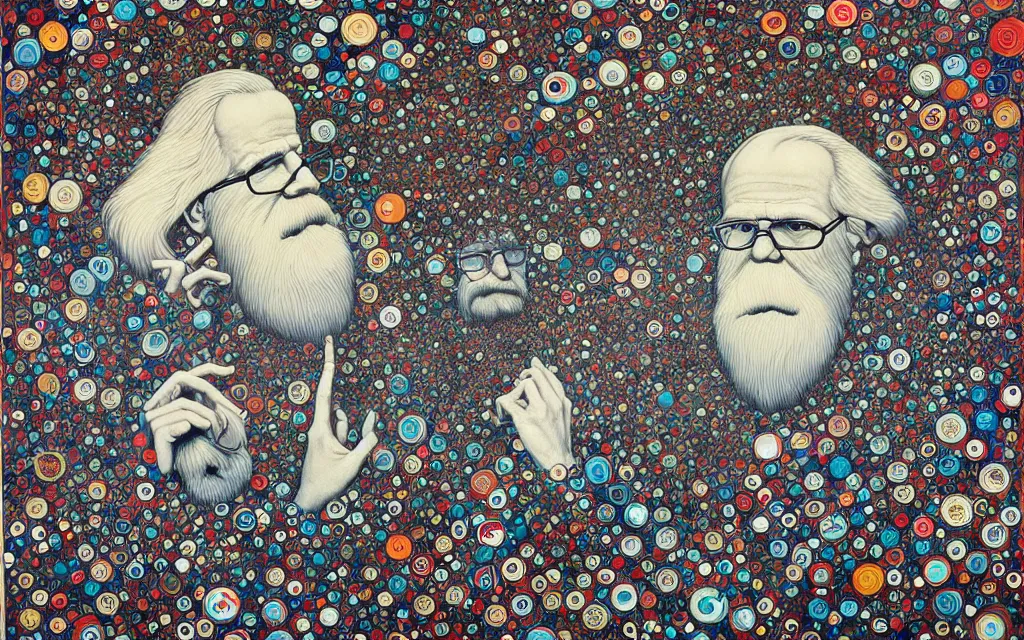 Image similar to conference at modern day uno headquarters, news segment, cnn, meeting of philosophers, a lot of old white men with big beards speaking about the soul, the infinite, and the nature of existence, painting by james jean