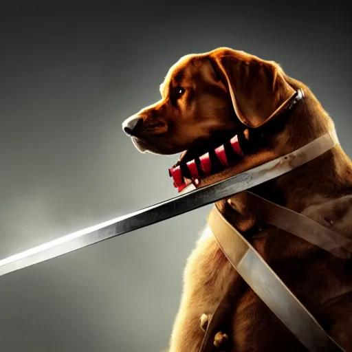 Prompt: a giant dog holding a katana in his mouth, fog, menacing, terror, high details, 4 k