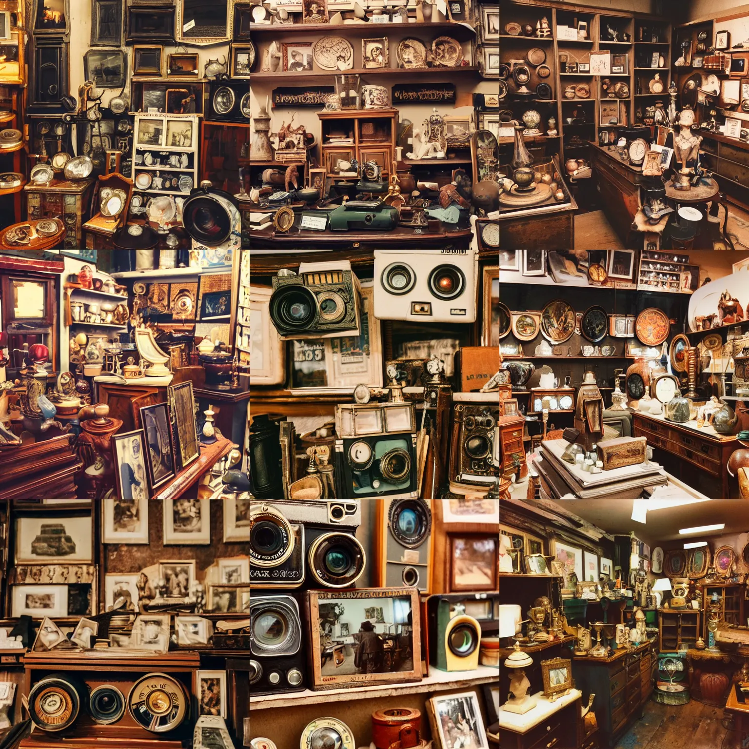 Prompt: an antique shop full of surprising finds, disposable camera photography, film grain, flash photo, highly detailed