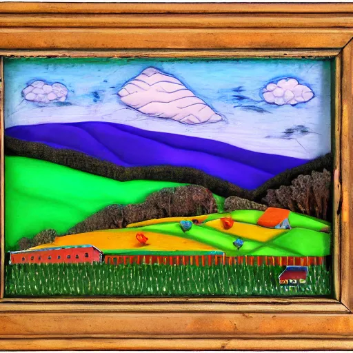 Image similar to rolling hills and a farm, appalachian folk art, mixed media, 3 d, detailed, award winning, blue, purple, red, orange, green