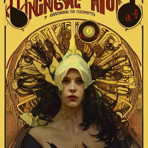 Image similar to the kingin yellow, 4k, alphonse mucha, Adolfo Hohenstein, Alice Russell Glenny, Stanley Artgerm Lau, greg rutkowski, detailed 4k horror artwork, trending on artstation, smooth, sharp focus