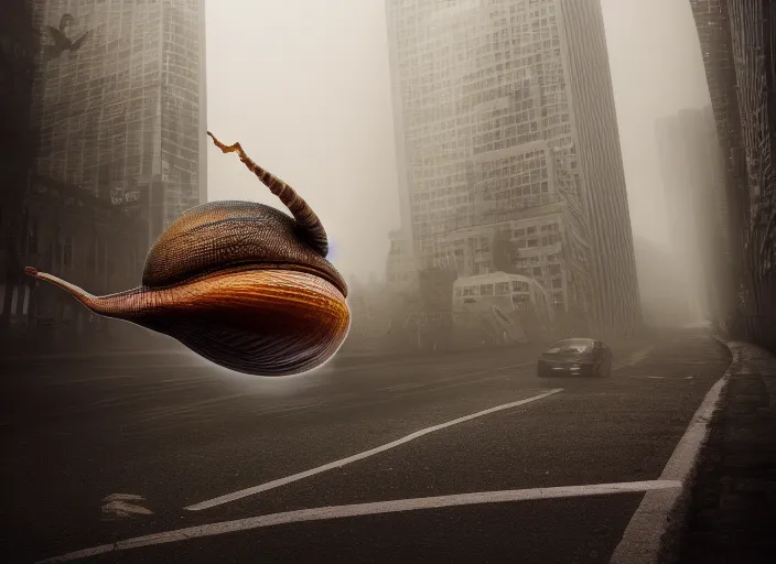 Image similar to photo of a giant snail terrorizes a foggy city. fantasy horror style. highly detailed 8 k. intricate. nikon d 8 5 0 3 0 0 mm. award winning photography.