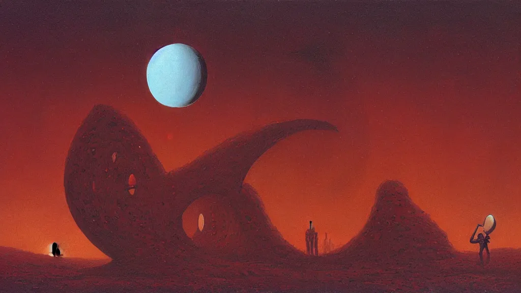 Image similar to mysterious whimsical sculpture of an alien crescent moon by paul lehr and john schoenherr and john harris, cinematic matte painting