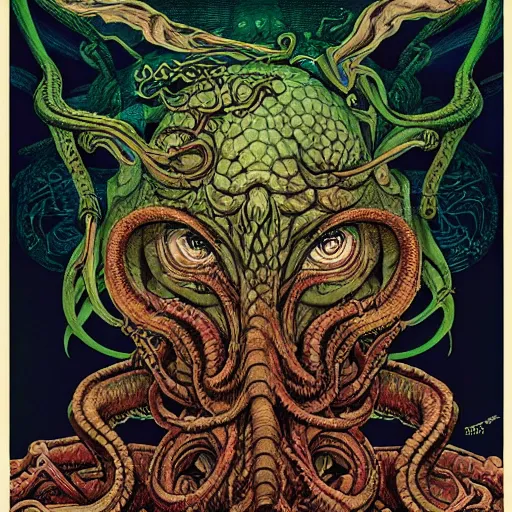 Prompt: portrait of cthulhu, symmetrical, by yoichi hatakenaka, masamune shirow, josan gonzales and dan mumford, ayami kojima, takato yamamoto, barclay shaw, karol bak, yukito kishiro