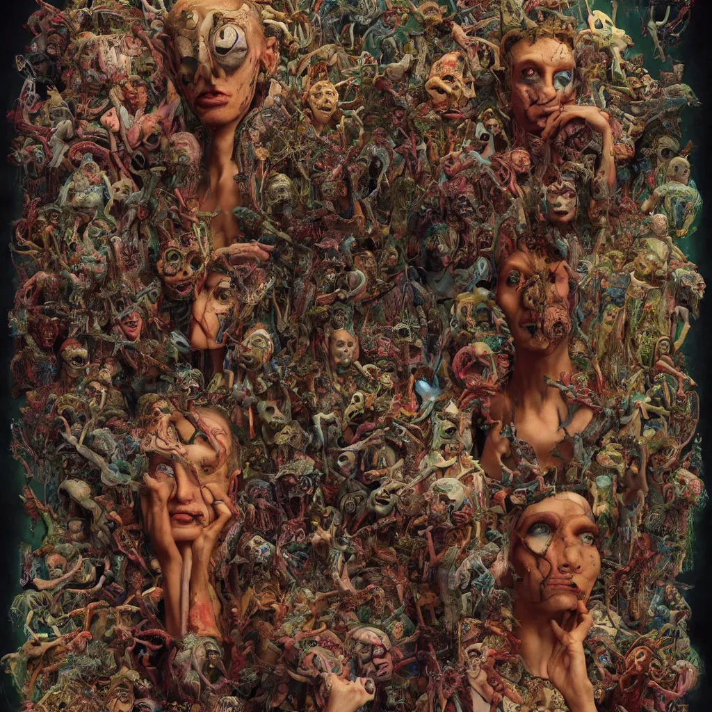 Image similar to 35mm color, humans enslaved, artificial intelligence, portrait, fashion shoot, freak show, weird, random, strange, hyperdetailed, photorealistic, interesting, by David la chapelle and karol bak and david cronenberg and WETA digital, art by Ivan Bilibin, Dariusz Zawadzki , ID magazine, octane rendering, cinematic, hyperrealism, octane rendering, 8k, depth of field, bokeh.