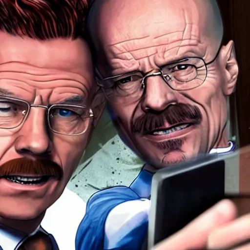 Prompt: walter white doing a selfie with phoenix wright, realistic, cool, nice, beautiful