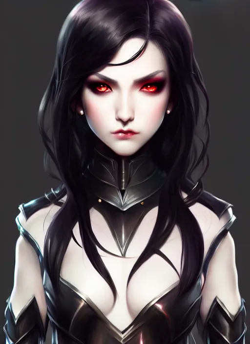 Image similar to full plate armor!!! beautiful and elegant dark hair female vampire!! gorgeous ayes!! character concept art, sharp focus, octane render! unreal engine 5! highly rendered!! trending on artstation!! detailed linework!! illustration by artgerm, wlop, and chie yoshii