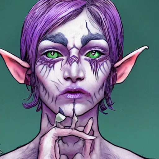 Image similar to a frightening, beautiful elf with violet skin, a scarred face, a bob haircut, and bushy eyebrows, smirking, in the style of gary frank