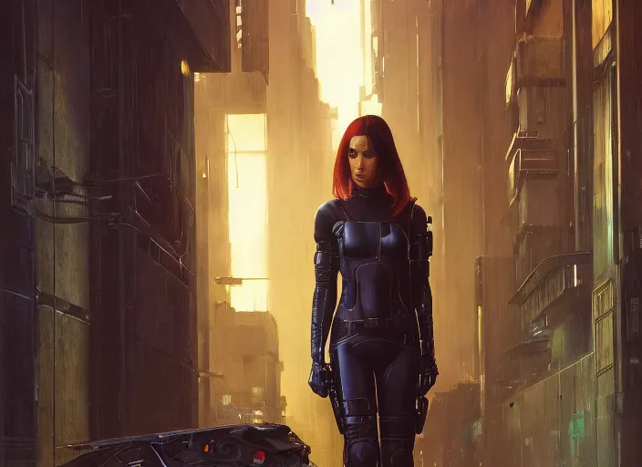 Prompt: Cyberpunk female hacker wearing stealth suit hiding from police patrol (blade runner 2049, cyberpunk 2077). Orientalist portrait by john william waterhouse and James Gurney and Theodore Ralli and Nasreddine Dinet, oil on canvas. Cinematic, hyper realism, realistic proportions, dramatic lighting, high detail 4k