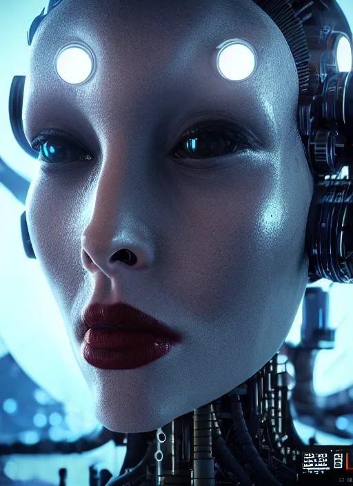 Image similar to 35mm portrait of a sophisticated intricate terminator woman's head on the background of a weird magical mechanical forest. Round gears visible inside her hear. Very detailed 8k. Fantasy cyberpunk horror. Sharp. Unreal 5 render with nanite, global illumination and path tracing.