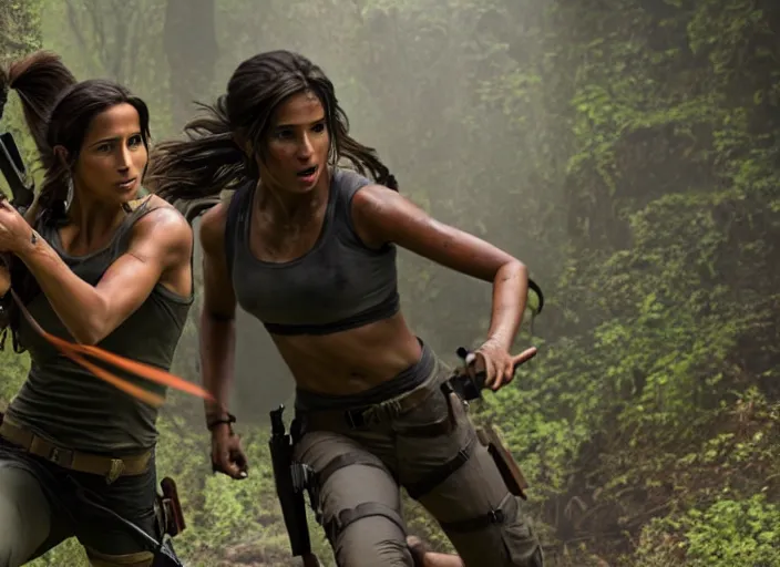 Image similar to film still of!!!! naomi scott!!! as lara croft in new tomb raider movie, 8 k