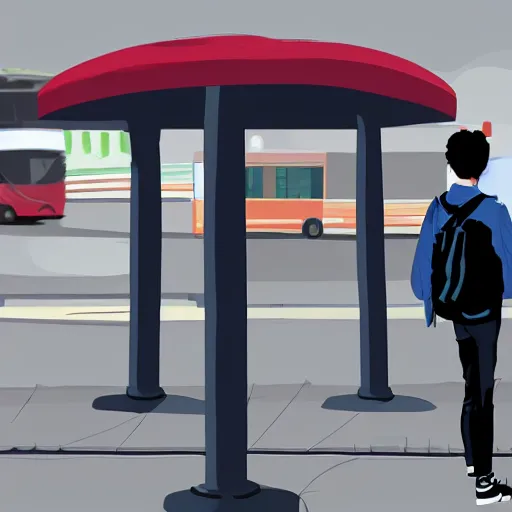 Prompt: a young man waiting at the bus stop in ireland, digital art