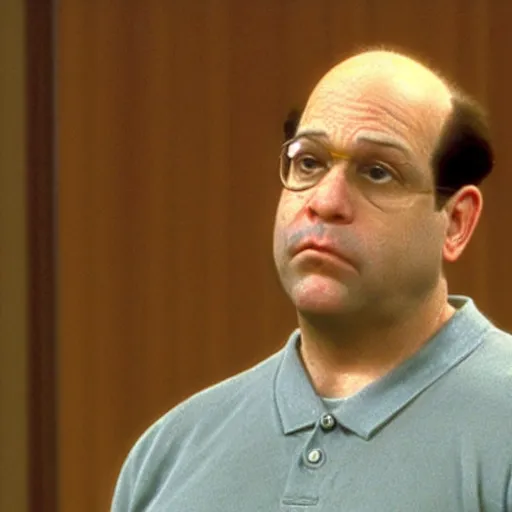 Prompt: Security camera footage of George Costanza staring at the camera unnaturally, uncanny valley, unnerving, eerie