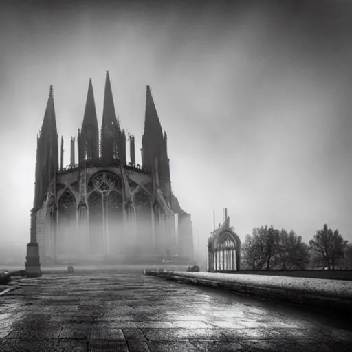 Image similar to gothic cathedral, etherial mist, scary