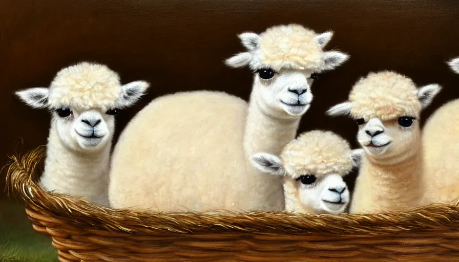 Image similar to highly detailed painting of cute baby alpacas cuddling up in a basket by william turner, thick brush strokes and visible paint layers, 4 k resolution