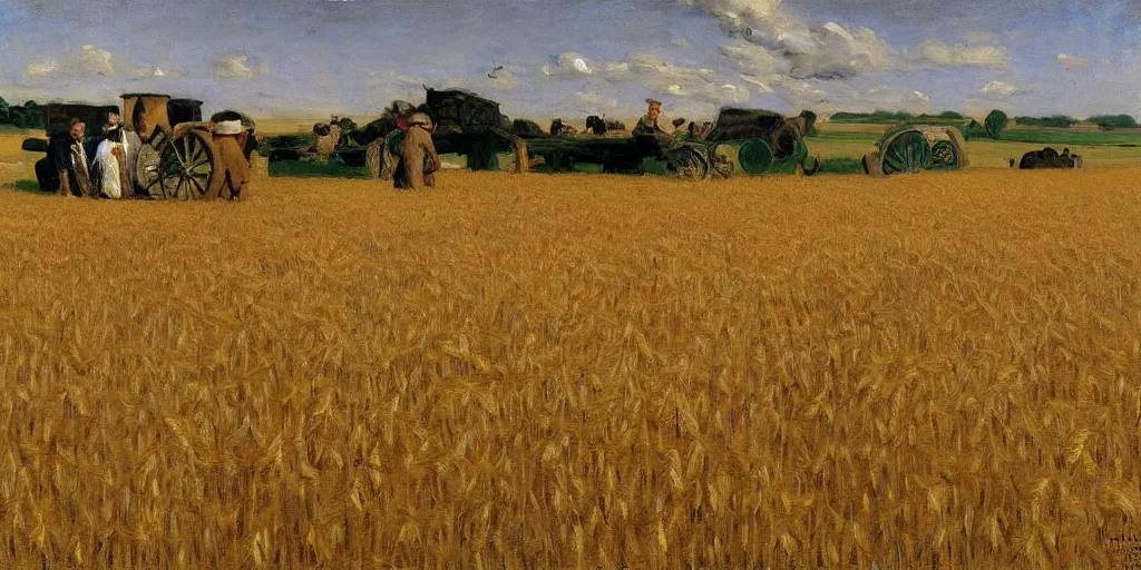 Image similar to a field full of Amish Farmers shocking wheat by John Singer Sargent
