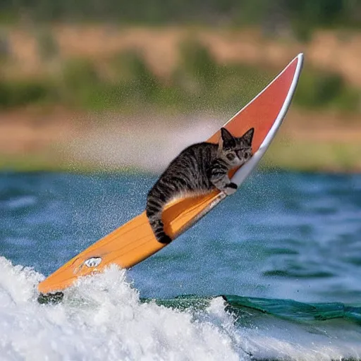 Prompt: cat nonchalantly surfs a gnarly wave,