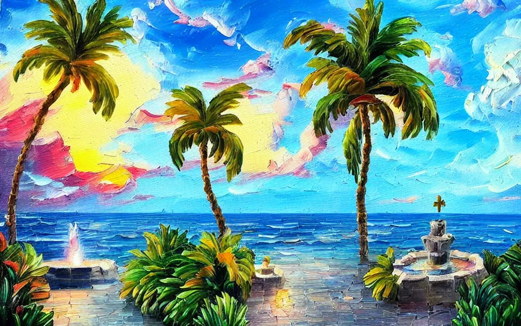 Prompt: in a sea is a tiny island with a cute cozy cottage with a terrace, a paved garden courtyard with benches and a fountain, palm trees, sunset, puffy clouds, dramatic and dynamic lighting, thick brush strokes oil impasto painting