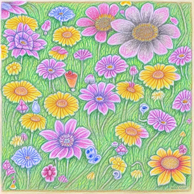 Image similar to an absurdly-detailed tea party in the flower garden colored-pencil drawing as a fancy square tile. pastel palette