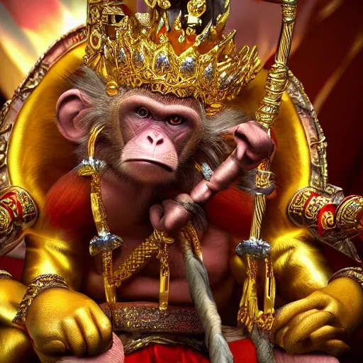 Image similar to monkey king godly lord of monkeys, wearing a crown, holding a staff, sitting in throne 8 k render high detail