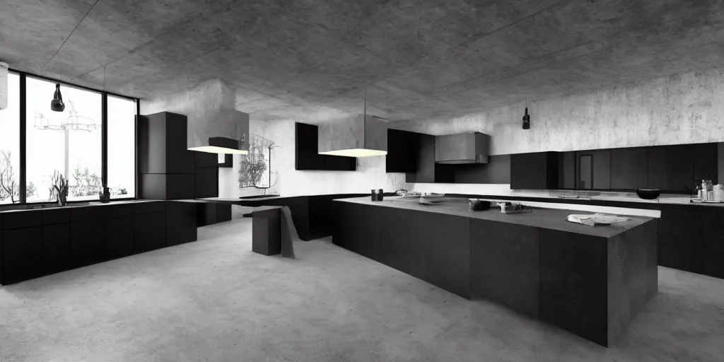 Prompt: brutalist black house kitchen interior design minimalist furniture ominous dark powerful giant open space high quality octane render