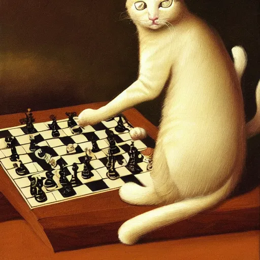 Image similar to cat playing chess looking wise, rococo oil painting