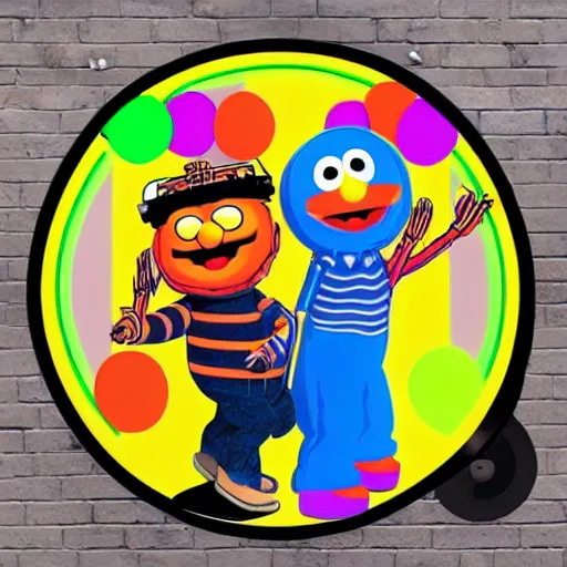 Image similar to svg sticker of a Pop-Wonder Bert&Ernie, Sesame-Street, at a rave, spinning records, giant headphones rocking out, wearing headphones, huge speakers, dancing, rave, DJ, spinning records, digital art, amazing composition, rule-of-thirds, award-winning, trending on artstation, featured on deviantart