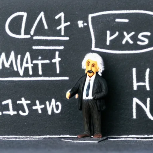 Image similar to claymation miniature scene of albert einstein standing in front of miniature blackboard with lots of mathematical formulas chalked on