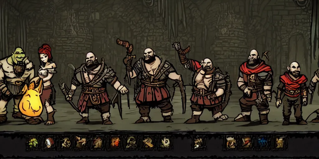 Image similar to shrek, donkey, aynami rei and kratos as characters in darkest dungeon, screenshot from the game, highly detailed, dark atmosphere