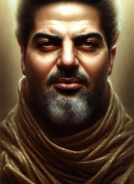 Image similar to closeup portrait shot of rafic hariri, intricate, elegant, highly detailed, centered, digital painting, artstation, concept art, smooth, sharp focus, illustration, artgerm, tomasz alen kopera, peter mohrbacher, donato giancola, joseph christian leyendecker, wlop, boris vallejo