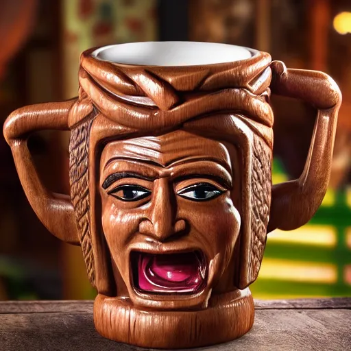 Prompt: a photorealistic photograph of a Trader Vic's Tiki mug featuring a happy Johnny Depp at a Tiki bar - Trending on Artstation, featured on Behance, well-rendered, Unreal Engine, 4K HD