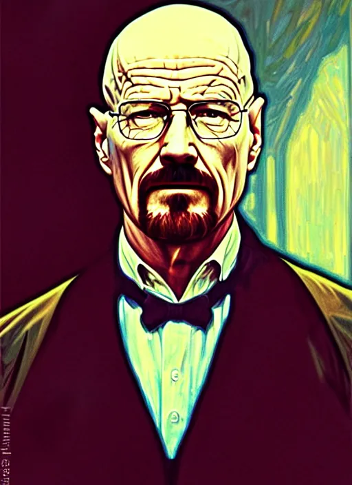 Prompt: oil portrait of walter white, intricate, elegant, highly detailed, lighting, painting, artstation, smooth, illustration, art by greg rutowski and alphonse mucha