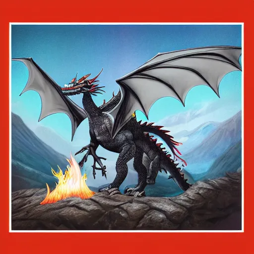 Prompt: photo of read fire breathing dragon under a mountain
