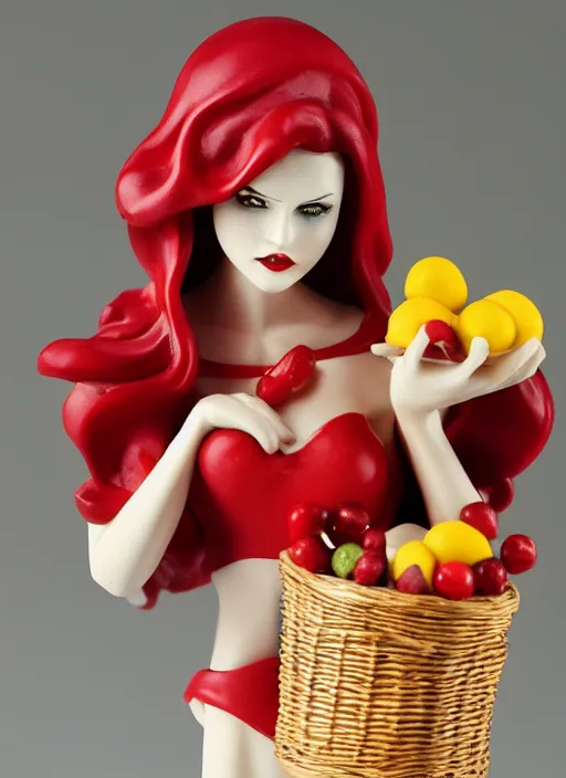 Prompt: Image on the store website, eBay, 80mm Resin figure model of a woman as little red hood ,holding a basket of fruit under her left arm.